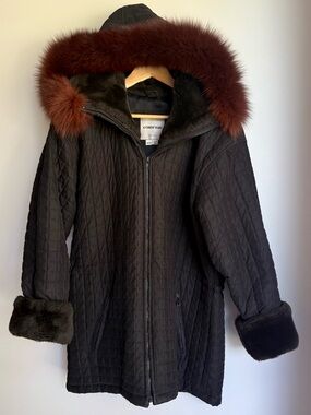 Andrew Marc Black Quilted Coat with Fur-Trimmed Hood